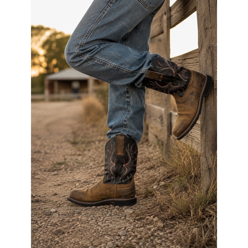 Justin MJ1012 Mens 8D Waterproof Western Work Boots Brown Black Square Toe EH